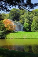 View across the lake to the Pantheon at Stourhead Gardens, Wiltshire, UK, early September, Designed by Henry Hoare

