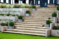 Sandstone steps with Buxus - Box topiary in containers.  Terraced beds with wooden retaining walls of Stipa tenuissima, Cosmos, Carex, Euonymus fortunei