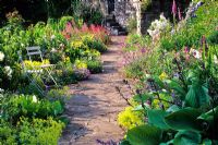 Lower Terrace - Hosta, Geranium, Dianthus - Sweet William,  Digitalis - Foxgloves, Alchemilla mollis, Centranthus - Valerian - High Glanau Manor, Monmouthshire, Wales 