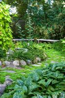 Shaded garden with cobbled stone path leading through  Humulus lupulus - Golden Hop in centre, Leptinella squalida between cobbles, Pulmonaria, Hosta, Geranium, benches and bird bath