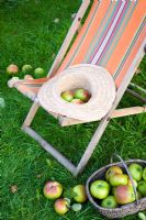 Deckchair with apples in hat