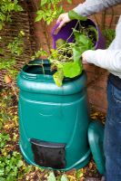 Filling the compost bin with garden refuse