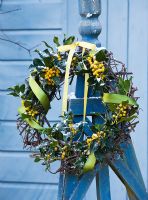 Wreath with snow, green ribbon and Ilex aquifolium 'Bacciflava' foliage