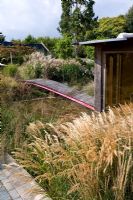 Garden view of summerhouse with Stipa calalmagrostis and Molinia 'Transparent' - Farrs, Dorset