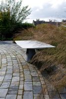 Slate path and table with Molinia 'Transparent' - Farrs, Dorset
