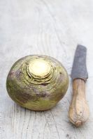 Brassica napus - Swede on a rustic wooden surface with knife 
