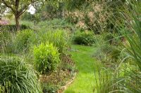 Grass pathways and Stipa gigantea, Molinia arundinacea and Chasmanthium latifolium - Ruinerwold Garden