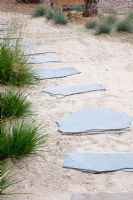 Stepping stone path through sand bordered with Festuca  and Deschampsia cespitosa - Tropical Touch