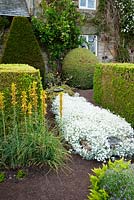 The Formal Garden at the front of the house features box and yew topiary with yellow spikes of Asphodeline lutea - Herterton House, Hartington, Northumberland, UK