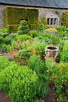 The Flower Garden features strong blocks of box and yew that frame cottage garden plants and flowers, here including poppies, Geraniums, Polemoniums and Geums - Herterton House, Hartington, Northumberland, UK
