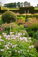 The Flower Garden features strong blocks of box and yew that frame cottage garden plants and flowers, including Geranium, Astrantia and Persicaria - Herterton House, Hartington, Northumberland, UK
