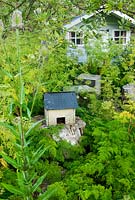 Self seeded Eryngium x giganteum and Ligusticum lucidum frame wendy house and wooden cubes that serve as seats or tables - Yews Farm, Martock, Somerset, UK