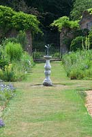 A sundial at Bellflower Nursery in the walled Garden at Langham Hall in Suffolk, home to The National Collection of Alpine Campanulas 