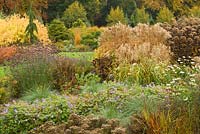 Autumn view of The Summer Garden, National Miscanthus Collection at The Bressingham Gardens