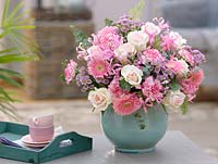 Rosa 'Fedora', Gerbera Germini 'Alissia' , Dianthus 'Fantasy', Chrysanthemum Madiba 'Tanga Pink', Eucalyptus, Asparagus foliage in blue vase
