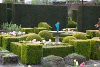 Formal garden with Tulipa 'New Design' and Artemisia arbrotanum. 