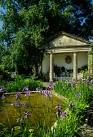 Pond, pavilion and Irises - Barnsley House, Cotswolds