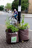 Pop-up Garden Mildmay, two builders bags full of plants with urban greening sign and passing bus, Islington - Chelsea Fringe Festival, London 2012 
