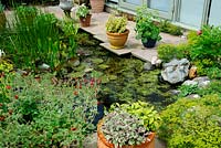 Large patio incorporating pond with water feature surrounding by container plants, Norfolk, UK, June
