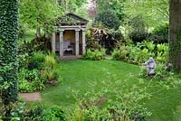 The Stumpery, Temple and 'Goddess of the Woods' statue, from the Tree House. Highgrove Garden, June 2008. 