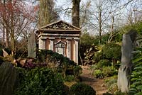 One of the two green oak temples in the The Stumpery, Highgrove Garden, March 2011. The Stumpery is based on a Victorian concept for growing ferns amongst tree stumps.  