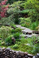 Moss mounds, pachysandra and washed cobbles in a traditional Japanese garden in the Satoyama district, Satoyama Life - Artisan Garden
