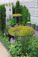 Floating islands with acrylic drainage tubes, planted with carnivourous plants, Taxus baccata coloumns along wall in The Soft machine garden - RHS Chelsea flower show 2012
