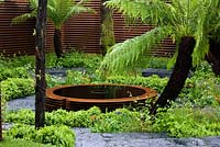 The World Vision garden with a central pool water feature. Verdant planting of tree ferns. Other plants include Lupinus mutabilis, Geum 'Borisii', Iris sibirica and Aconitum 'Ivorine'.