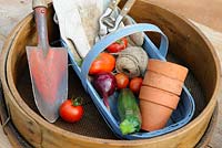 Traditional wooden garden sieve with wooden trug containing small harvest of courgettes, onion and tomatoes