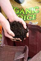 Step by step of planting seed potatoes 'Charlotte' in a growing bag - Adding compost to potato bag 6 inches deep