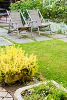 Pair of wooden recliners on terrace with Cerastium tomentosum, snow in summer, and alpine troughs in foreground. Beechenwood Farm, Odiham, Hants, UK
