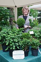 The Garden Museum. Jenny Alban Davies of River Garden Topiary on her stall at the plant fair.