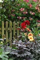 Horseshoe on rustic wooden gate in the front garden, Lonicera and red Dahlia 'Nuit d'ete' - The Lizard, Wymondham, Norfolk