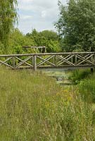Wooden bridge over pond surrounded by long grass and Willow trees at Wood Farm. June