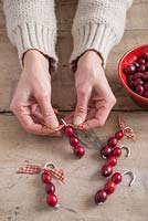Step-by-step - Adding ribbon to end of metal wire, creating cranberry Christmas decorations