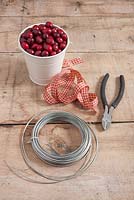 Step-by-step - Materials and equipment for creating a heart shaped decoration using cranberries