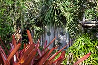 The Hall of Giant's massive doors are surrounded by Florida native plants including Alchmea blanchetiana - Copper Leaf Bromeliad - McKee Botanical Garden, Vero Beach, Florida