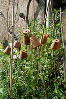 Old terracotta pots on top of sticks used as eye protectors