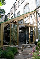 The Dalston Pineapple House under construction, Dalston Eastern Curve Garden, an urban community garden in the London Borough of Hackney