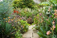 The exotic garden at Great Dixter. Planting includes Begonia 'Little Brother Montgomery', Begonia luxurians, Phormium 'Sundowner', Dahlia 'Wittemans Superba', Eucalyptus gunnii and Verbena bonariensis