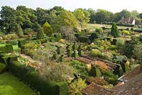 Overhead view of the Peacock and High Garden at Great Dixter showing structure provided by yew hedges
