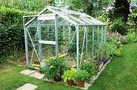 A simple traditional aluminium greenhouse housing vegetables