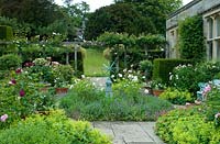 Summer courtyard area beside large country house with yorkstone paving and borders of Rosa, Alchemilla mollis and Nepeta
