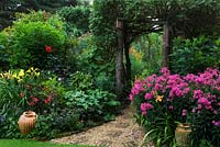 Wildlife conservation garden with arch over brick and gravel path and border of Dahlia, Phlox and Hemerocallis 