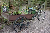 Trike with trailer as container for spring plants and rockery - Millennium Garden, Lichfield, spring