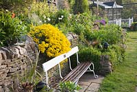Vintage cricket bench alongside spring bed including mixed Tulipa, Thermopsis caroliniana  and Aurinia saxatilis - Mill Dene, Gloucestershire