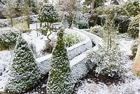 Small garden in snow, with box hedging and conical topiary, and a bay tree with corkscrew trunk