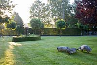 Formal lawn with pig sculptures and clipped hedges