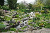 Limestone rock garden in spring with stream leading to pond and wide variety of alpine plants - Glen Chantry, Essex