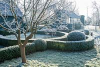 View to back to back garden shed and lean to greenhouse. Wrought iron garden table and seats. Mulberry tree, yew and box topiary and dwarf hedges on frosty morning in December - The Mill House, Little Sampford, Essex